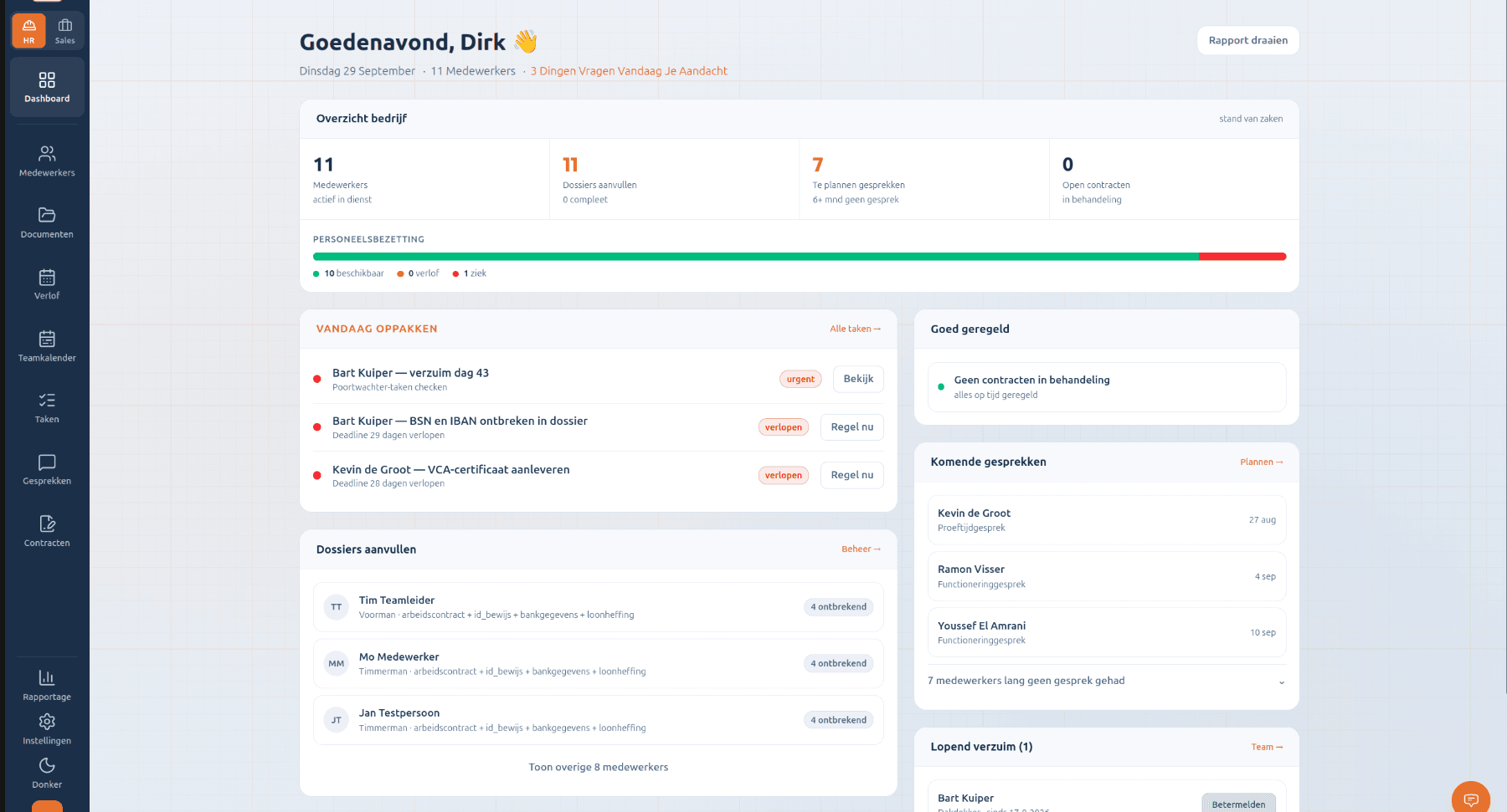 PloegbaasHR dashboard met personeelsbezetting en dossiers
