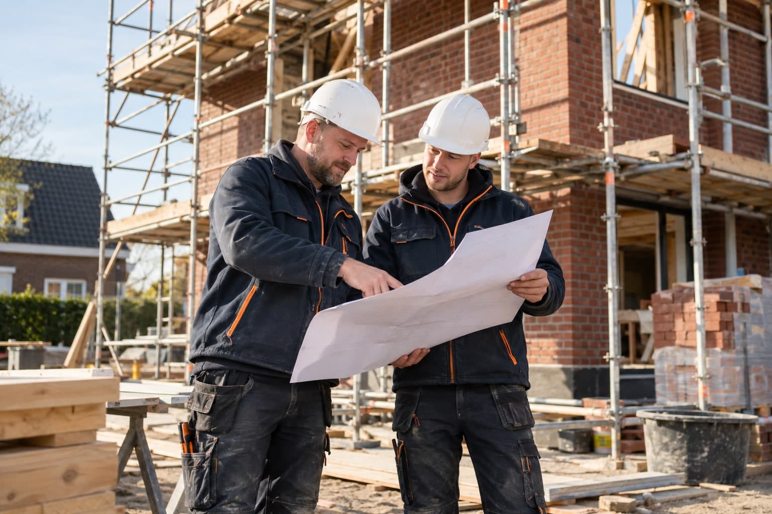 Twee bouwprofessionals overleggen bij een woningbouwproject.