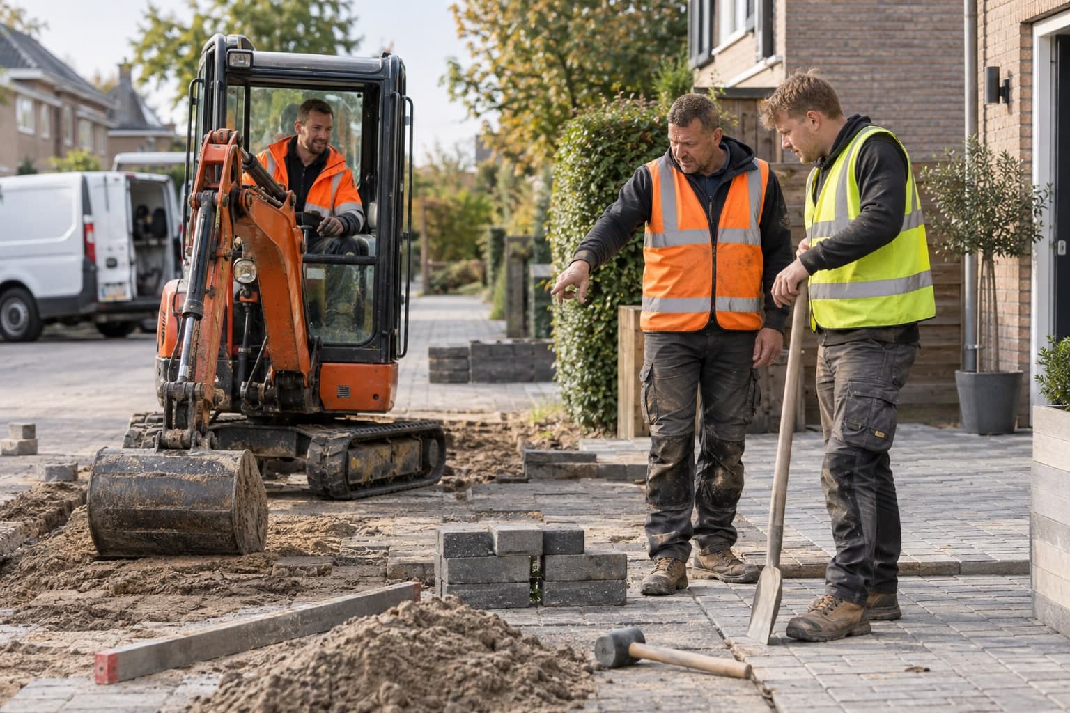 Grondwerkers met minigraver bij bestratingswerk in een woonwijk