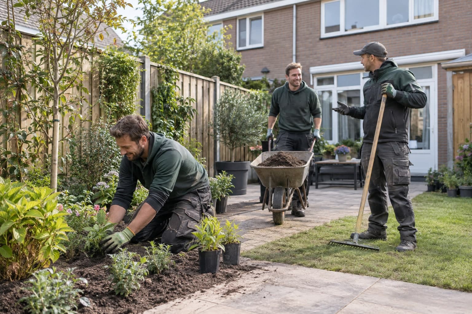 Hoveniers aan het werk in een achtertuin: planten, kruiwagen en hark